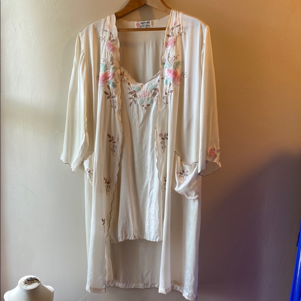 Floral Embroidered White Silk Sleepwear Set